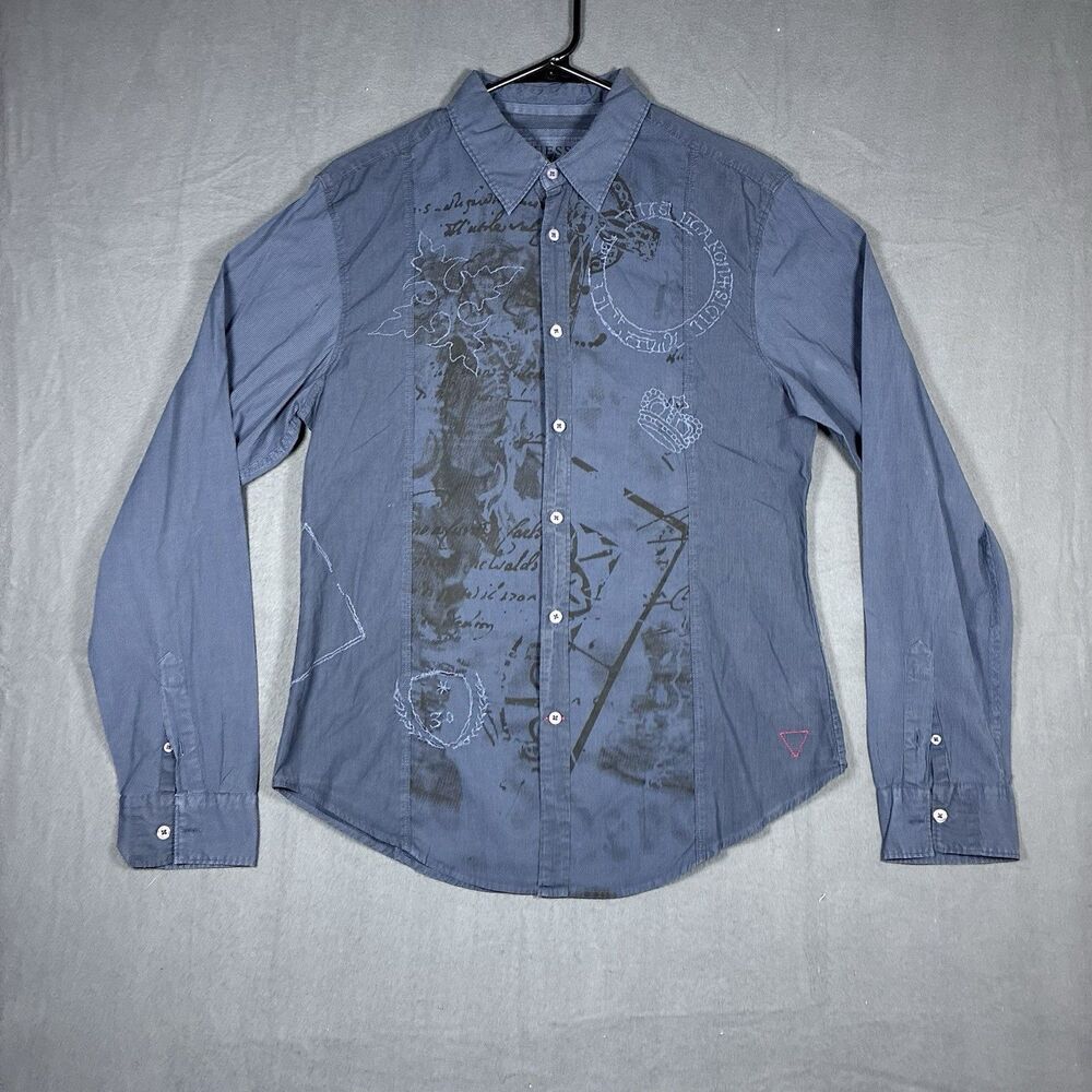 Guess Shirt Mens Medium Dark Blue Long Sleeve Button Up Cross Y2K